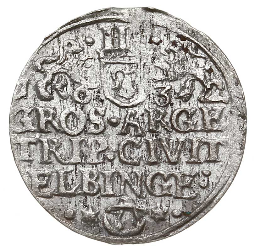trojak 1632, Elbląg, okupacja szwedzka z tytulaturą Gustawa Adolfa -emisja miejska, Iger E.32.1.a (R), nieco odmienny, AAJ 21, rzadki, wybity nieco uszkodzonym stemplem, ładnie zachowany jak na ten typ monety