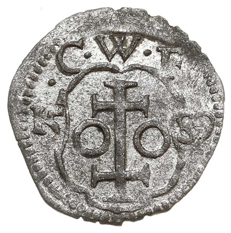denar 1589, Wschowa, Aw: Tarcza herbowa Wschowy, powyżej litery C W F, po bokach tarczy data 15 - 89, Rw: Orzeł, H-Cz. 807 (R4), T. 20, zachowany połysk menniczy, rzadki