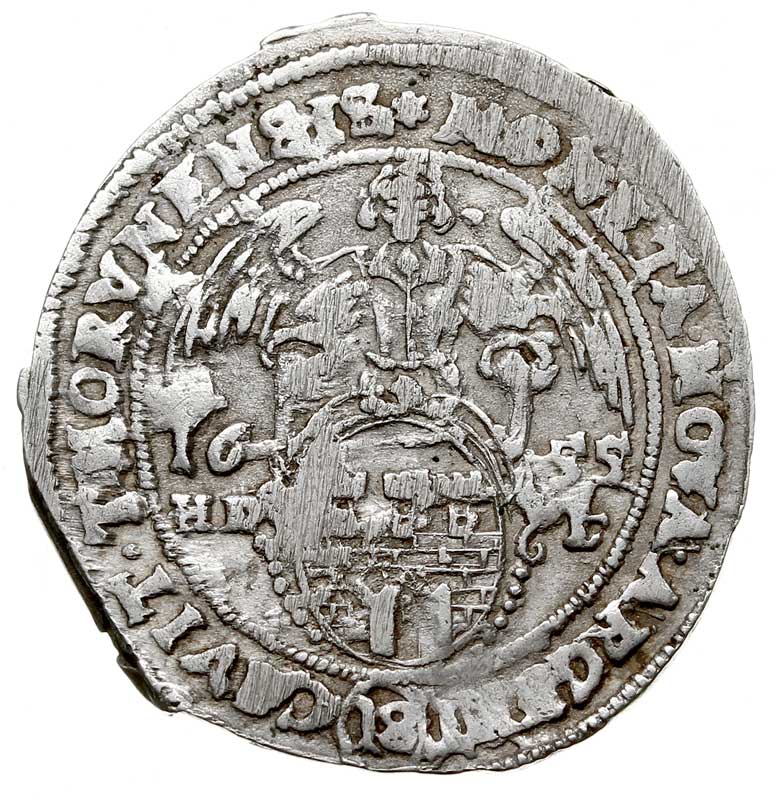 ort 1655, Toruń, bardzo rzadka odmiana z literami HD - L po bokach herbu Torunia, wybity z  typowym  uszkodzeniem stempla, ładnie zachowany