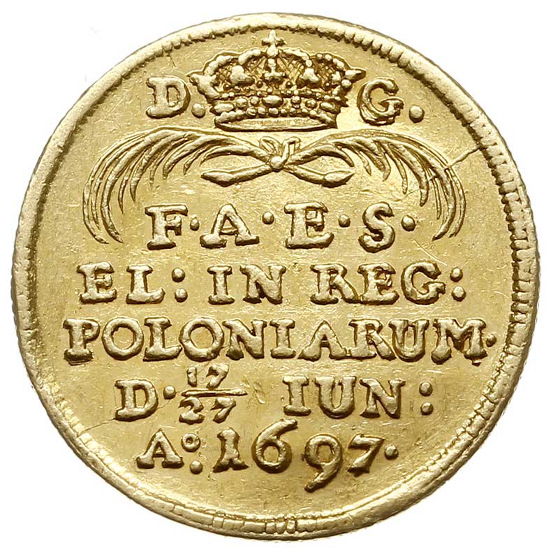 dukat koronacyjny 1697, Drezno, Aw: Król na koniu, Rw: Napisy, złoto 3.46 g, Kahnt 241, Merseb. 1389, patyna