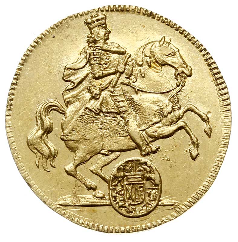 dukat wikariacki, 1711, Drezno, Aw: Król na koniu, Rw: Dwa stoły z insygniami, złoto 3.47 g, Kahnt 281, Fr. 2822, bardzo ładnie zachowany, patyna