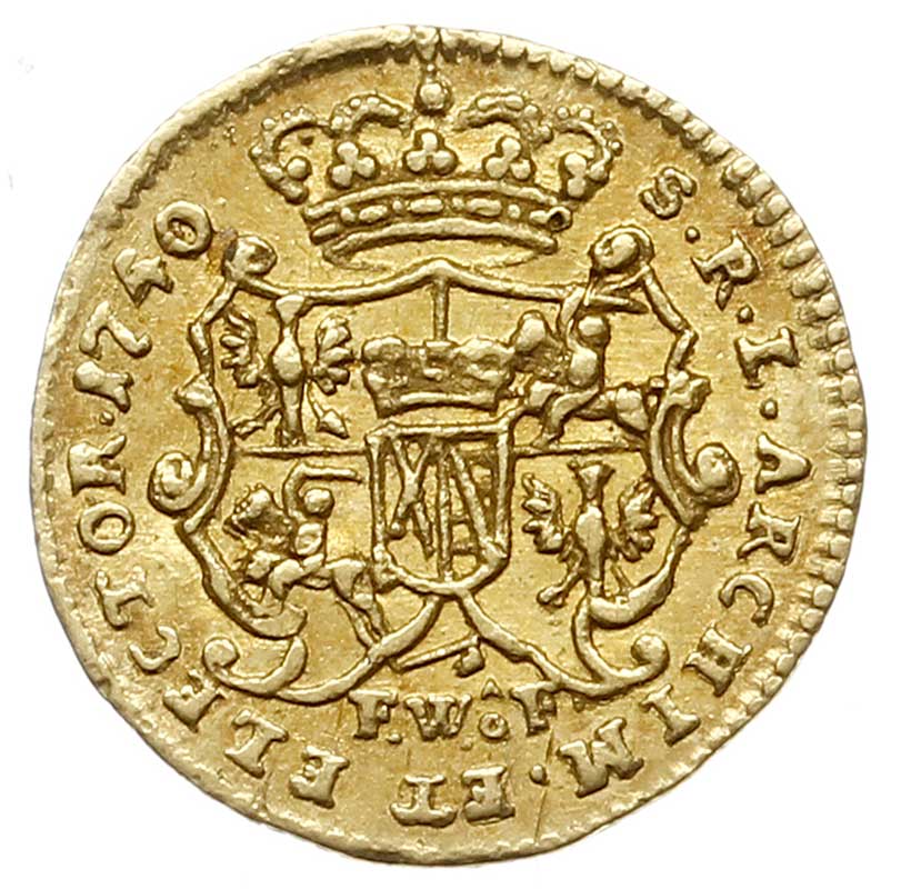 1/4 dukata 1740, Drezno, złoto 0.89 g, Kahnt 521, ładnie zachowane