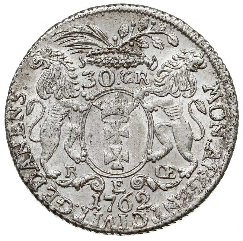 złotówka = 30 groszy (gulden) 1762, Gdańsk, Kahnt 719 wariant a -wieniec nad nominałem o średnicy 8.5 mm, bardzo ładnie zachowana prawie bez śladów justowania co jest rzadkością w tym typie monet