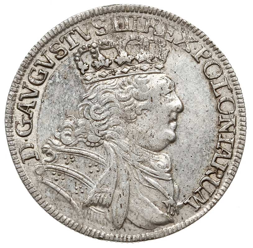 ort 1755 Lipsk, Kahnt 688 wariant c -szerokie popiersie i owalny przekrój naramiennika zbroi, moneta wybita nieco podniszczonym stemplem, delikatna patyna