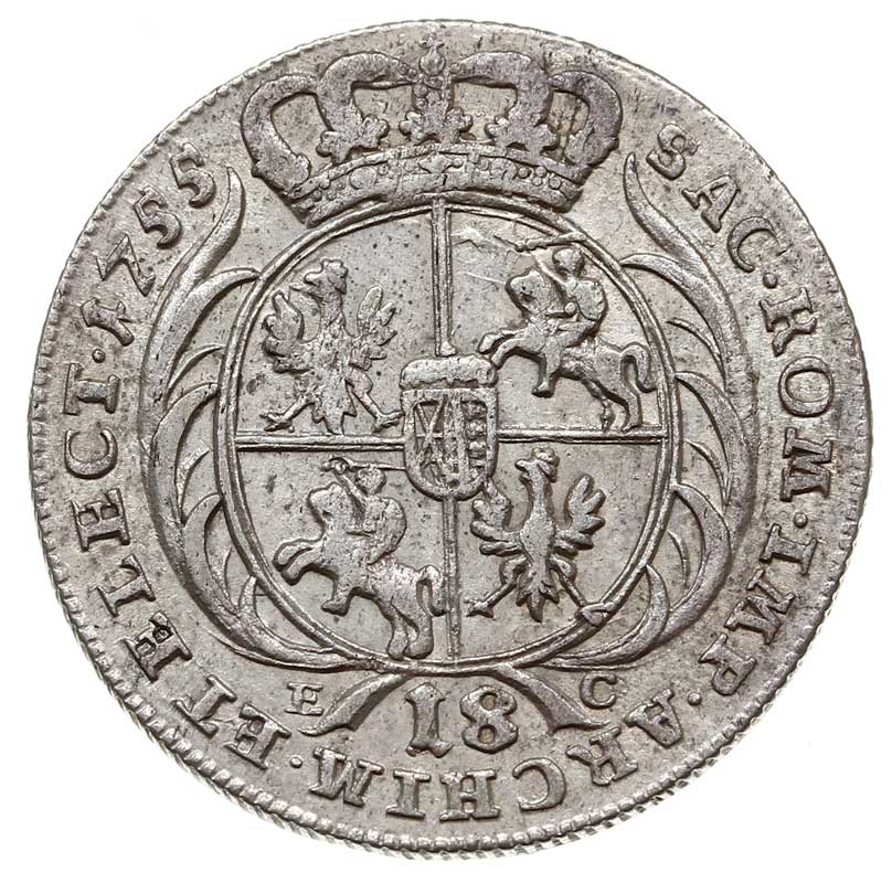 ort 1755 Lipsk, Kahnt 688 wariant c -szerokie popiersie i owalny przekrój naramiennika zbroi, moneta wybita nieco podniszczonym stemplem, delikatna patyna