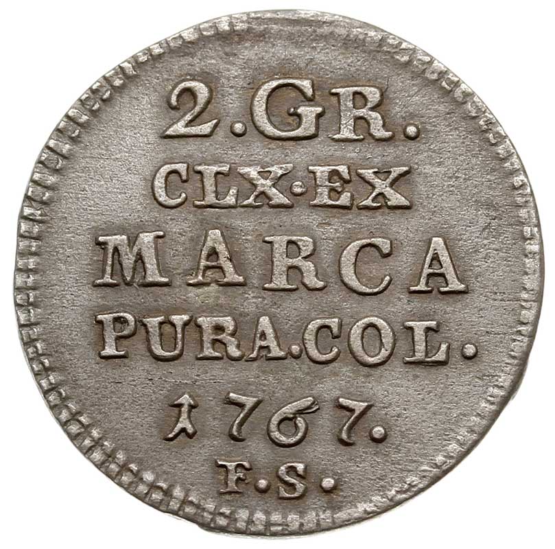 2 grosze srebrne (półzłotek) 1767, Warszawa, tarcza u dołu wąska, Plage 245, patyna