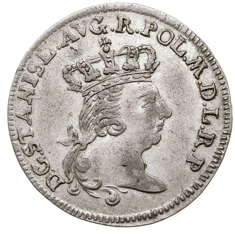 szóstak 1765, Toruń, odmiana z napisem AVG, Plage 520, wyraźnie wybity, bardzo ładny i rzadki, w cenniku Berezowskiego 30 złotych, delikatna patyna