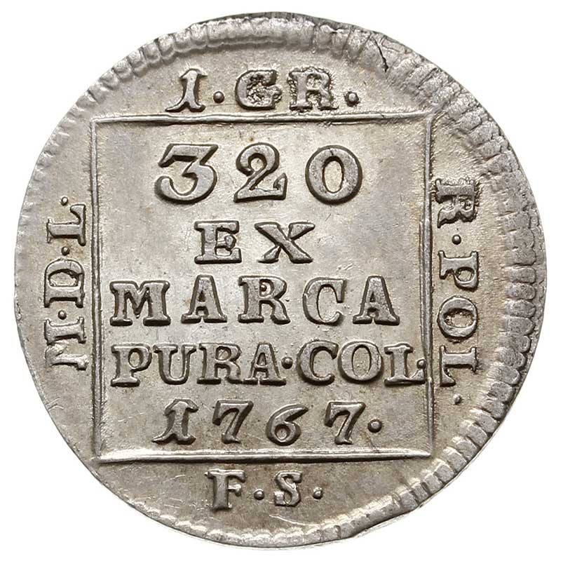 1 grosz srebrem 1767, Warszawa, mała korona i małe cyfry daty, Plage 216, piękny