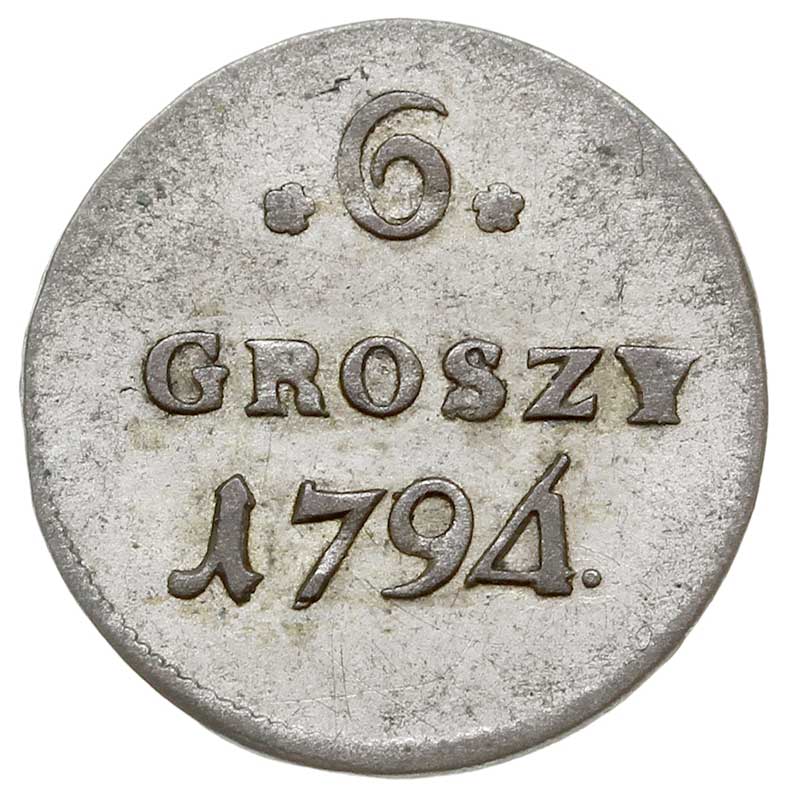 6 groszy 1794, Warszawa, cyfra 4 ma kształt trójkąta, Plage 208, bardzo ładne, patyna