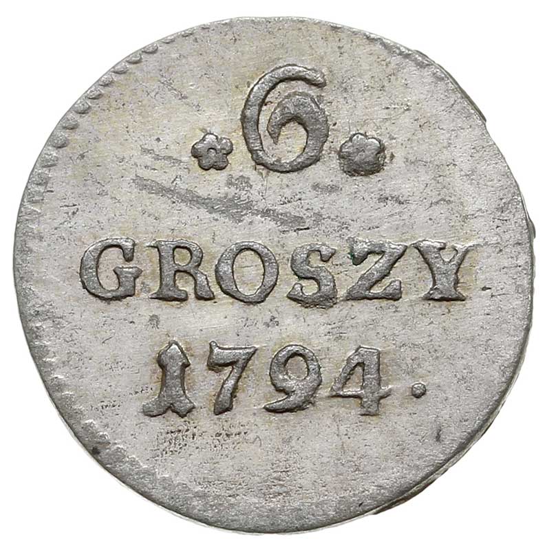 6 groszy 1794, Warszawa, małe cyfry daty, cyfra wartości 6 zakręcona, Plage 210, ładne