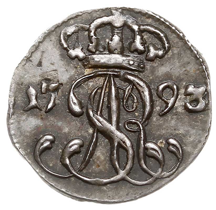 szeląg 1793, Gdańsk, czyste srebro 0.53 g, Plage 491, bardzo rzadki w cenniku Berezowskiego 25 złotych, wyśmienicie zachowany, patyna