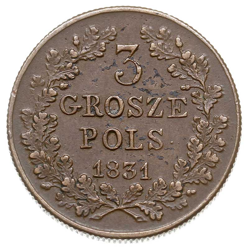 3 grosze polskie 1831, Warszawa, odmiana z prostymi łapami Orła i kropką po POLS, Iger PL.31.1.a (R), Plage 282, ładne, patyna