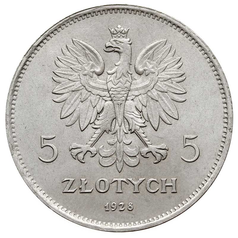 5 złotych 1928, Bruksela, Nike, na rewersie napis ESSAI / 31, nikiel 12.03 g, Parchimowicz -, pięknie zachowany egzemplarz, delikatna patyna, bardzo rzadkie