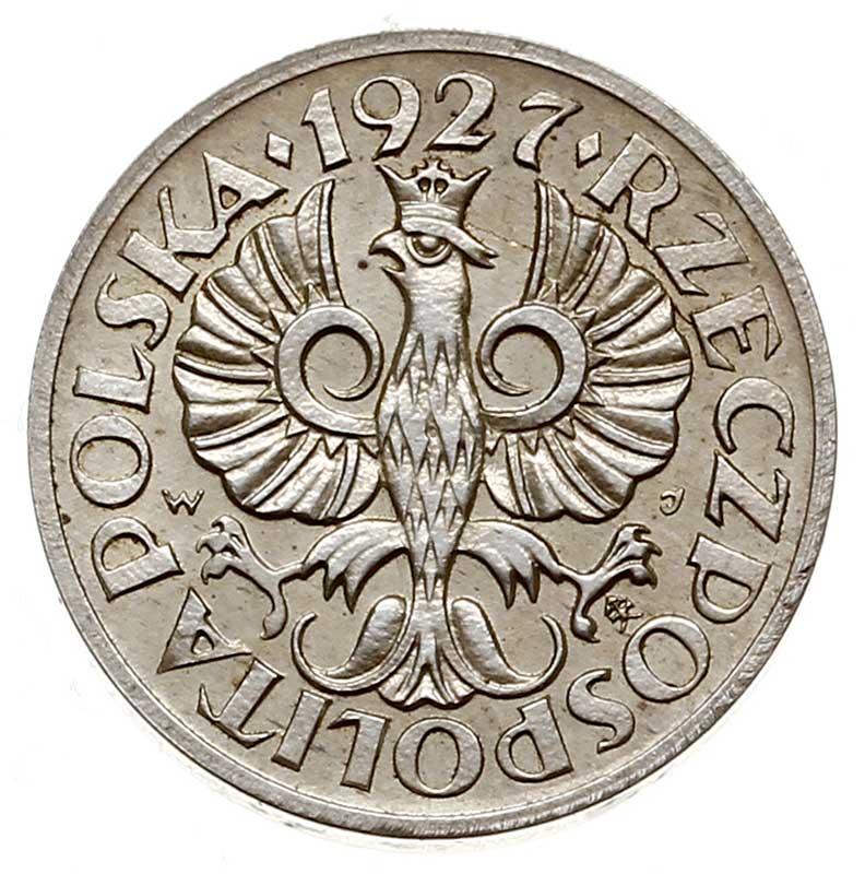 1 grosz 1927, Warszawa, jak moneta obiegowa, ale w srebrze 1.69 g, Parchimowicz P.101e, wybito 100 sztuk, bardzo rzadki, pięknie zachowany