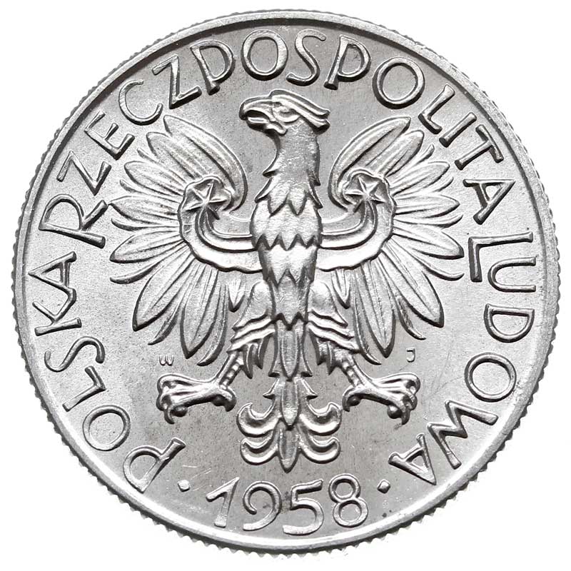 5 złotych 1958, Warszawa, Rybak, odmiana z szeroką cyfrą 8 w dacie, Parchimowicz 220aa, rzadkie i piękne