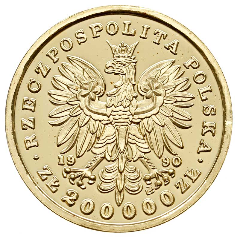 200 000 złotych 1990, Tadeusz Kościuszko, Solidarity Mint (USA), złoto 31.12 g, Parchimowicz 634, wybito stemplem lustrzanym 13 sztuk, piękne i bardzo rzadkie