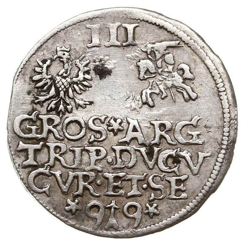 Wilhelm Kettler 1587-1616, trojak 1599, Mitawa, KuW.99.4.a (R3), Gerbaszewski 2.17.11.5, rzadki, patyna