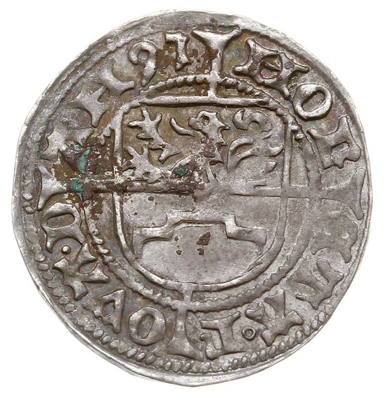Bogusław X Wielki 1474-1523, szeląg 1495, Dąbie, Dannenberg 383, na monetach pomorskich Bogusława X z końca XV wieku cyfrę 5 zapisywano jak 7, patyna