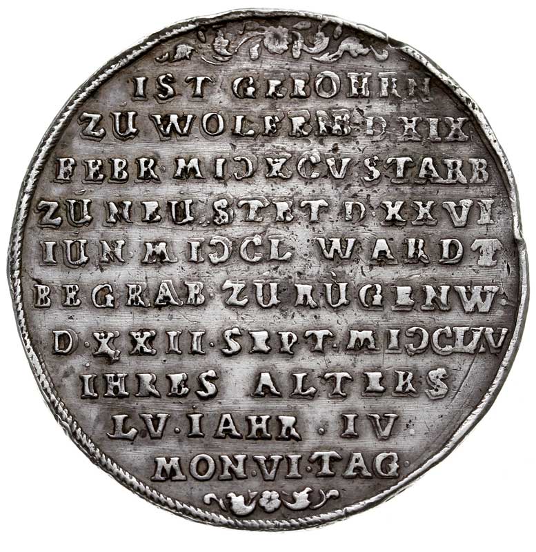 Jadwiga (Hedwig von Brunszwik Wolfenbuttel /Braunschweig-Wolfenbüttel/), talar pośmiertny 1654, Szczecin, Aw: Poziomy napis w 7 wierszach w obwódce i napis wokoło, Rw: Poziomy napis w 10 wierszach, srebro 28.80 g, Dav. 6316, Hildisch 390, Pogge 1009, (Jadwiga była żoną pomorskiego księcia Ulryka osobą bardzo zasłużoną dla miasta Szczecina, w którym żyła po śmierci męża), uszkodzenia na obrzeżu, bardzo rzadki, patyna