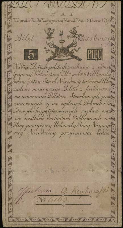 5 złotych polskich 8.06.1794, seria N.A.1., numeracja 6163, z błędem wszlkich, w pełni widoczny znak wodny z napisem firmowym Pieter de Vries & Comp, Lucow 1 (R3), Miłczak A1b