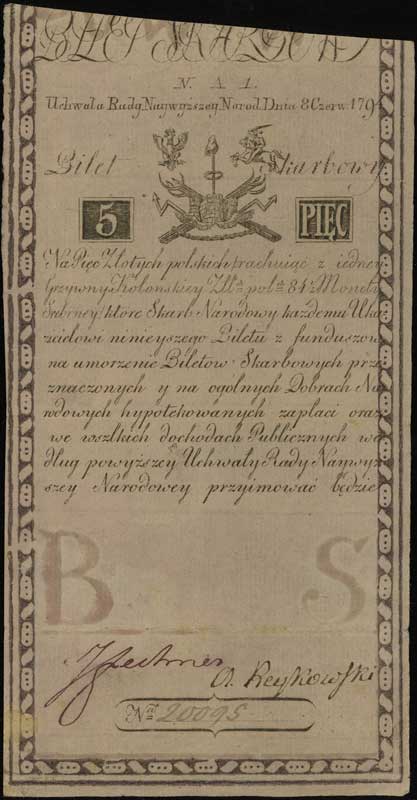 5 złotych polskich 8.06.1794, seria N.A.1, numeracja 20095, z błędem wszlkich, Lucow 1 (R2), Miłczak A1b
