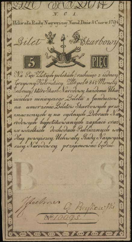 5 złotych polskich 8.06.1794, seria N.C.1., numeracja 10095, widoczny fragment znaku wodnego z napisem firmowym Pieter de Vries & Comp, Lucow 4 (R3), Miłczak A1a2
