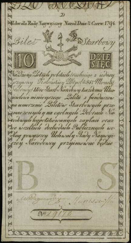10 złotych polskich 8.06.1794, seria D, numeracja 29178, widoczny znak wodny z napisem firmowym Pieter de Vries & Comp, Lucow 21 (R3), Miłczak A2