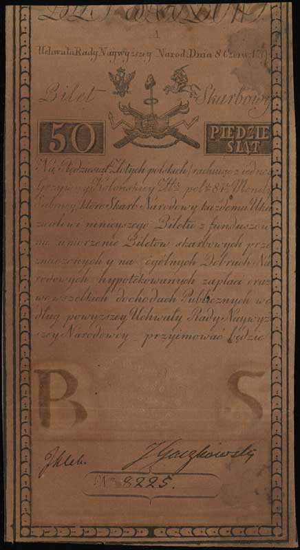 50 złotych polskich 8.06.1794, seria A, numeracja 8225, widoczny znak wodny z napisem firmowym J. Honig, Lucow 29 (R4), Miłczak A4
