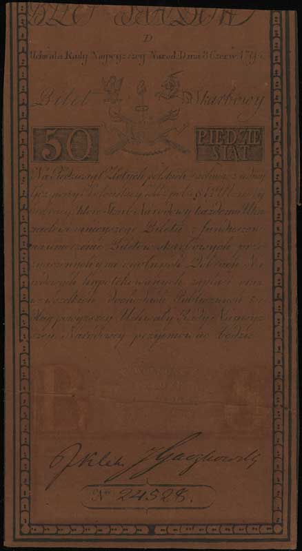 50 złotych polskich 8.06.1794, seria D, numeracja 24528, widoczny mały fragment firmowego znaku wodnego, Lucow 32 (R3), Miłczak A4