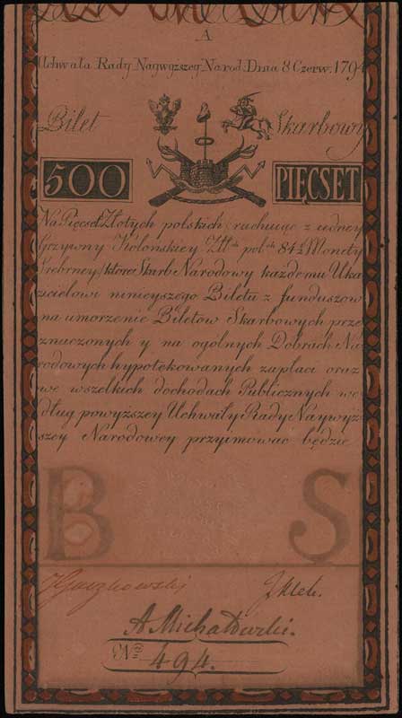 500 złotych polskich 8.06.1794, seria A, numerac