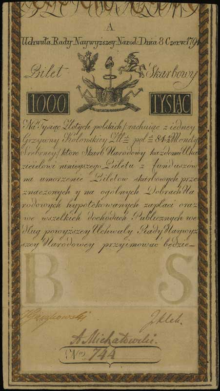 1.000 złotych polskich 8.06.1794, seria A, numer