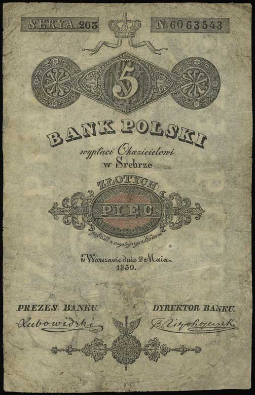 5 złotych 1830, podpis dyrektora banku B. Niepok