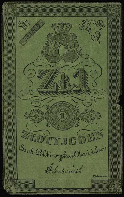 1 złoty 1831, podpis: Łubieński, litera A, numeracja 791369, cienki zielony papier, Lucow 135 (R6), Miłczak’05 A22bb, Miłczak’12 A22ab, rzadkie