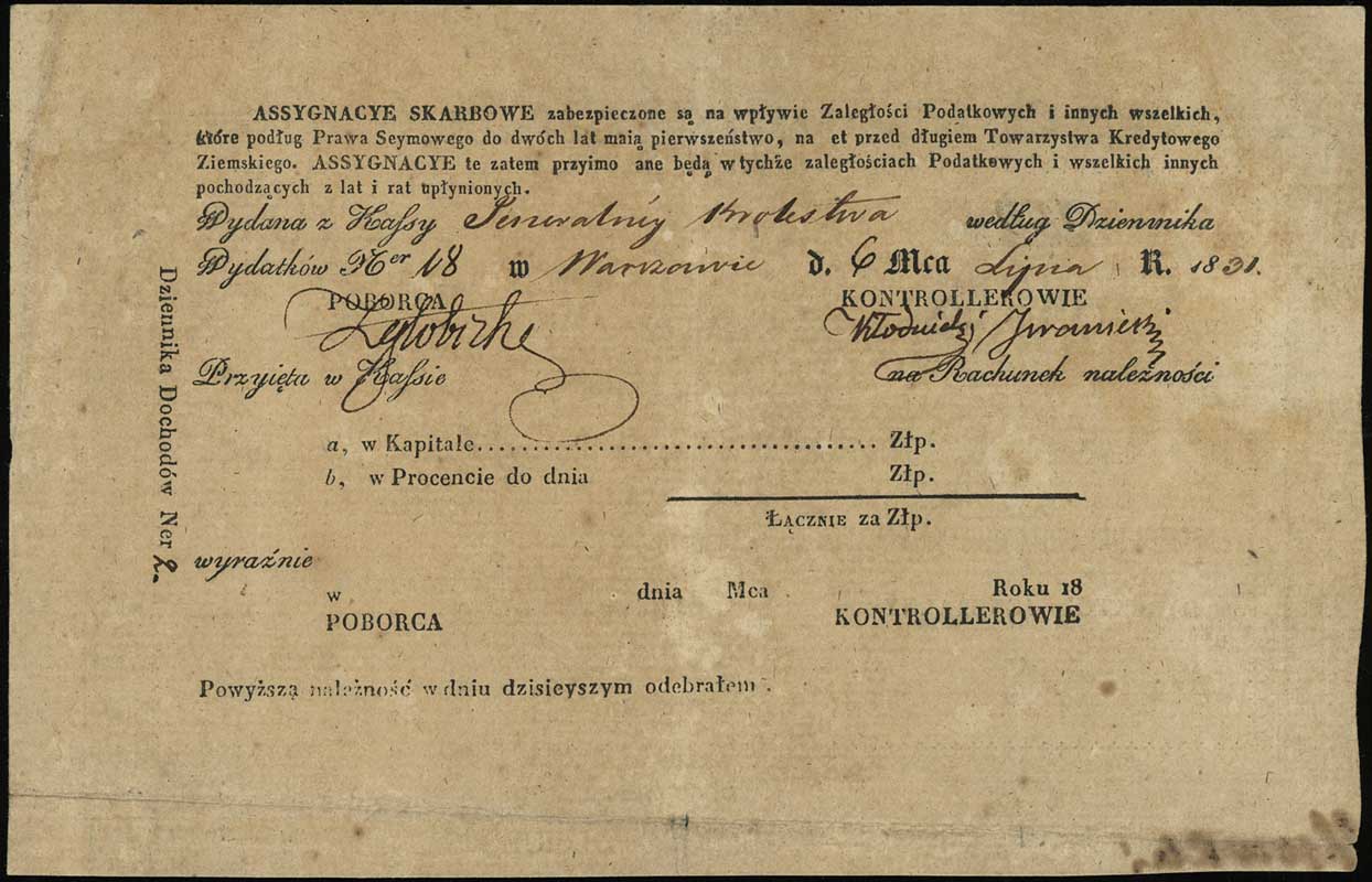 asygnacja skarbowa na 100 złotych polskich 1831,