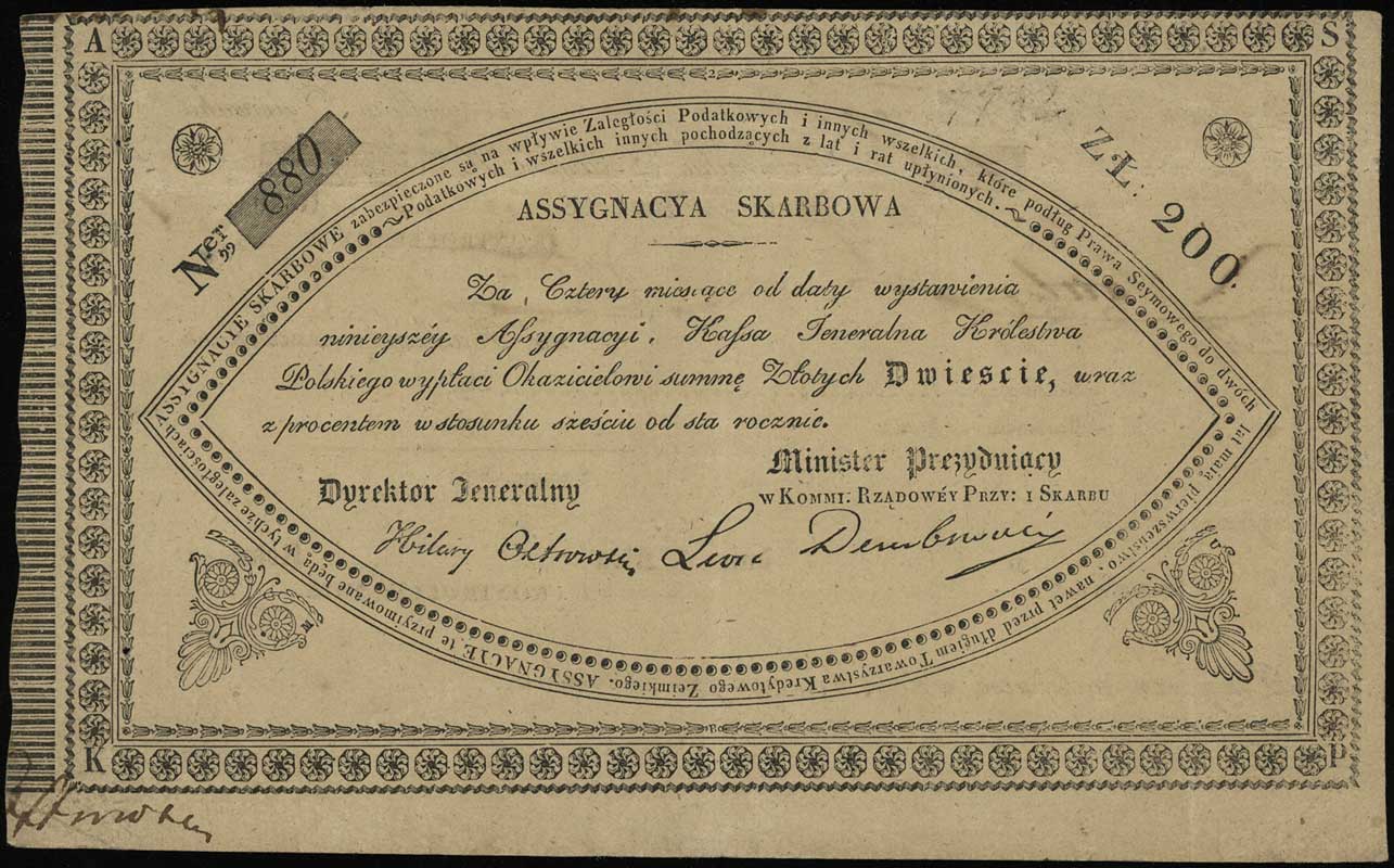 asygnacja skarbowa na 200 złotych polskich 1831,