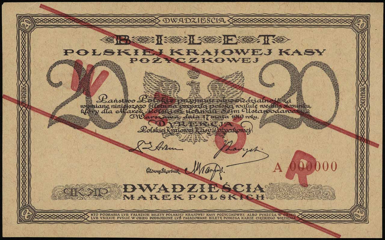 20 marek polskich 17.05.1919, po obu stronach nadruk WZÓR,bez perforacji, seria A, numeracja 000000, Lucow 331 (R6), Miłczak’12 21Wa, rzadkie