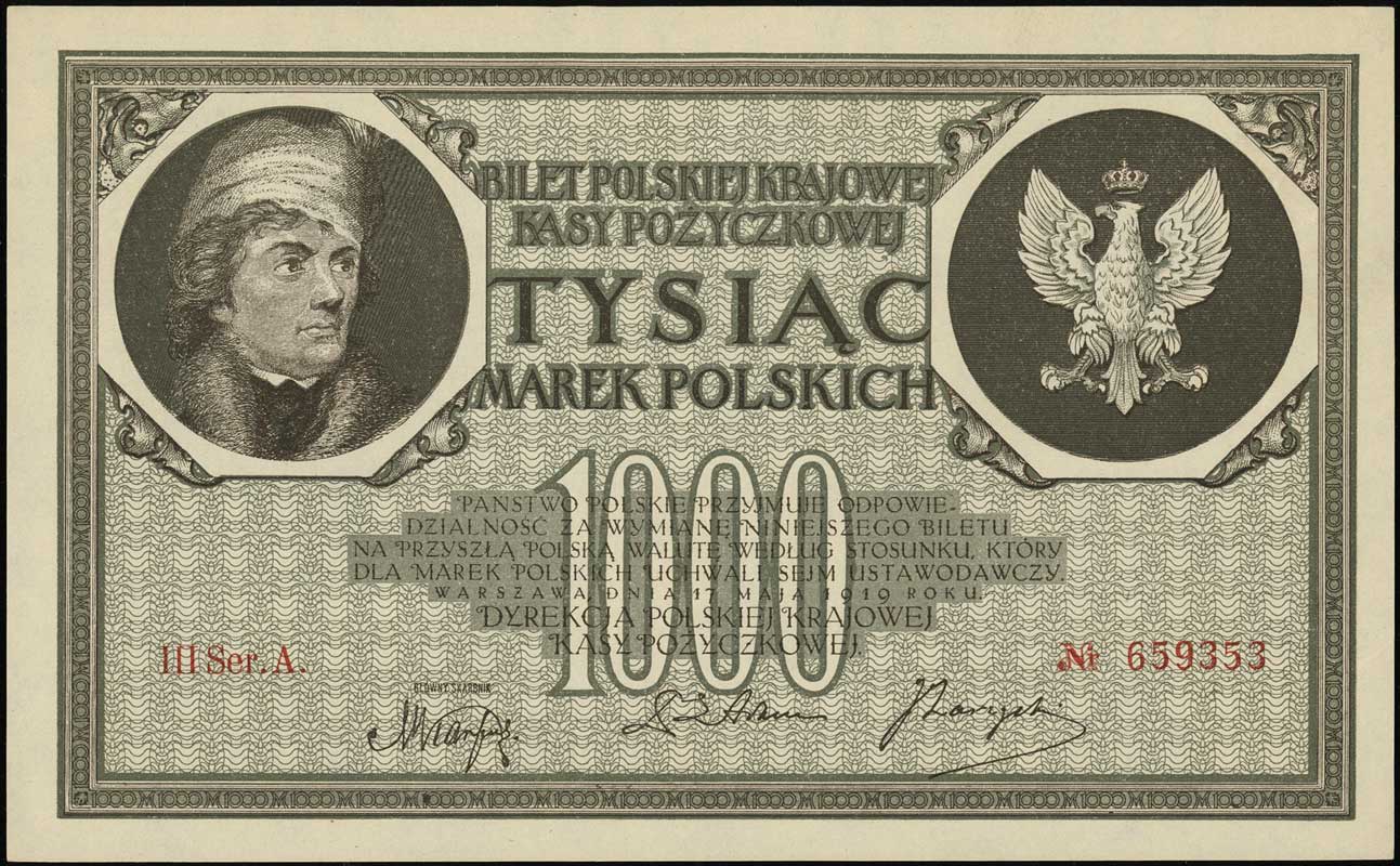 1.000 marek polskich 17.05.1919, seria III-A, numeracja 659353, znak wodny orły i litery B-P, Lucow 354 (R4), Miłczak 22i, rzadkie