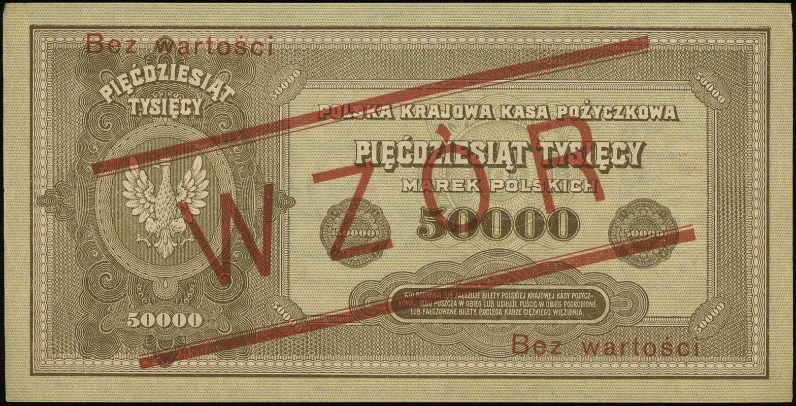 50.000 marek polskich 10.10.1922, po obu stronach ukośny czerwony nadruk WZÓR i dwukrotnie poziomo Bez wartości, bez perforacji, seria X, numeracja 1202215, Lucow 424 (R5), Miłczak’12 33Wc