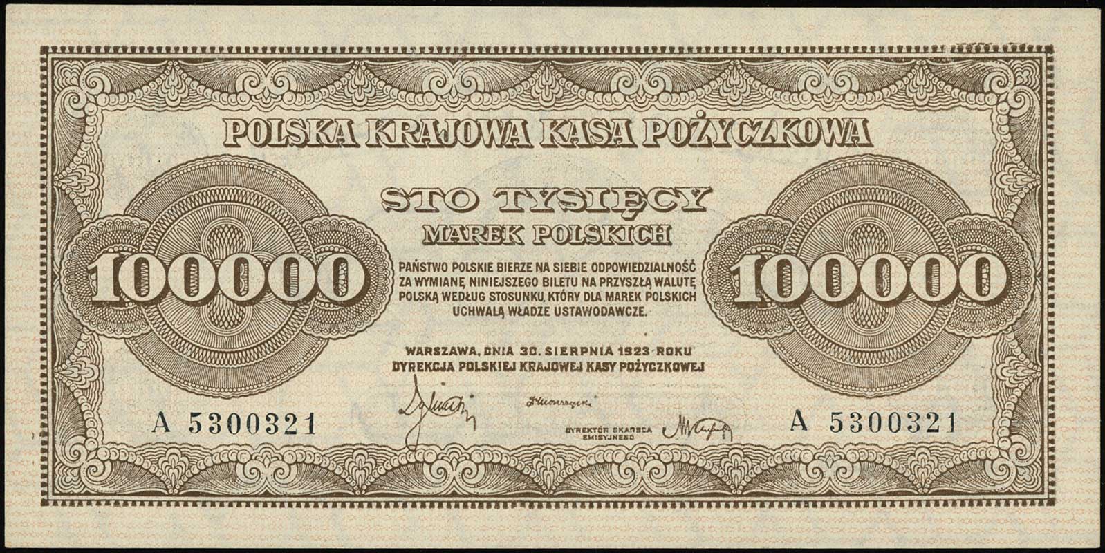 100.000 marek polskich 30.08.1923, seria A, numeracja 5300321, Lucow 433 (R3), Miłczak 35