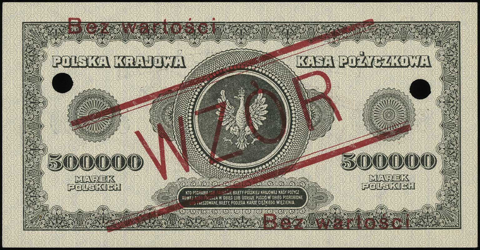 500.000 marek polskich 30.08.1923, po obu stronach ukośny czerwony nadruk WZÓR i dwukrotnie poziomo Bez wartości, dwukrotnie perforowane, seria G, numeracja 1234567 / 8901234, Lucow 436 (R5), Miłczak’12 36Wi, rzadkie