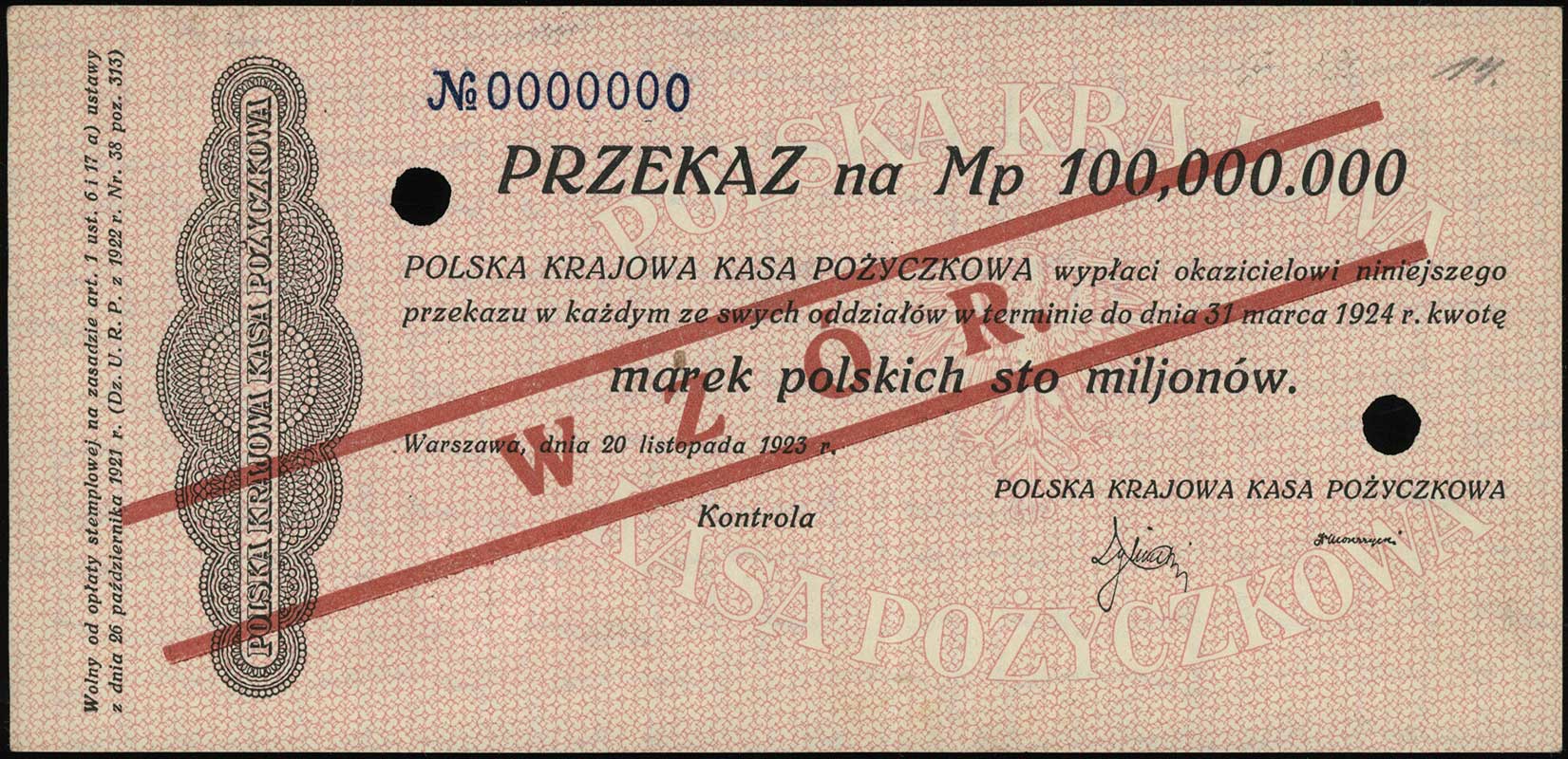przekaz na 100.000.000 marek polskich 20.11.1923, ukośny czerwony nadruk WZÓR, dwukrotnie perforowane, numeracja 0000000, Lucow 467a (R6), Miłczak’12 41Wb, rzadki