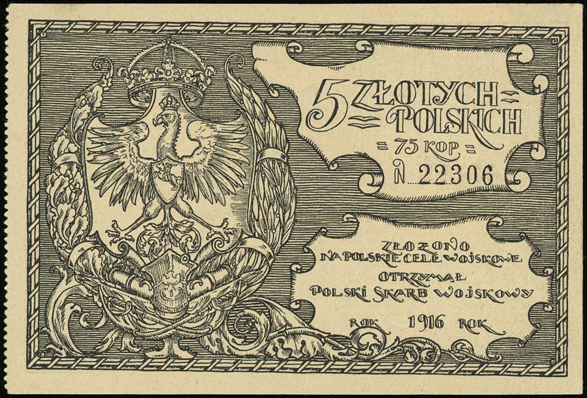 Polski Skarb Wojskowy, 5 złotych polskich = 75 kopiejek 1916, na polskie cele wojskowe, numeracja 22306, Lucow 493 (R2), Jabł. 687