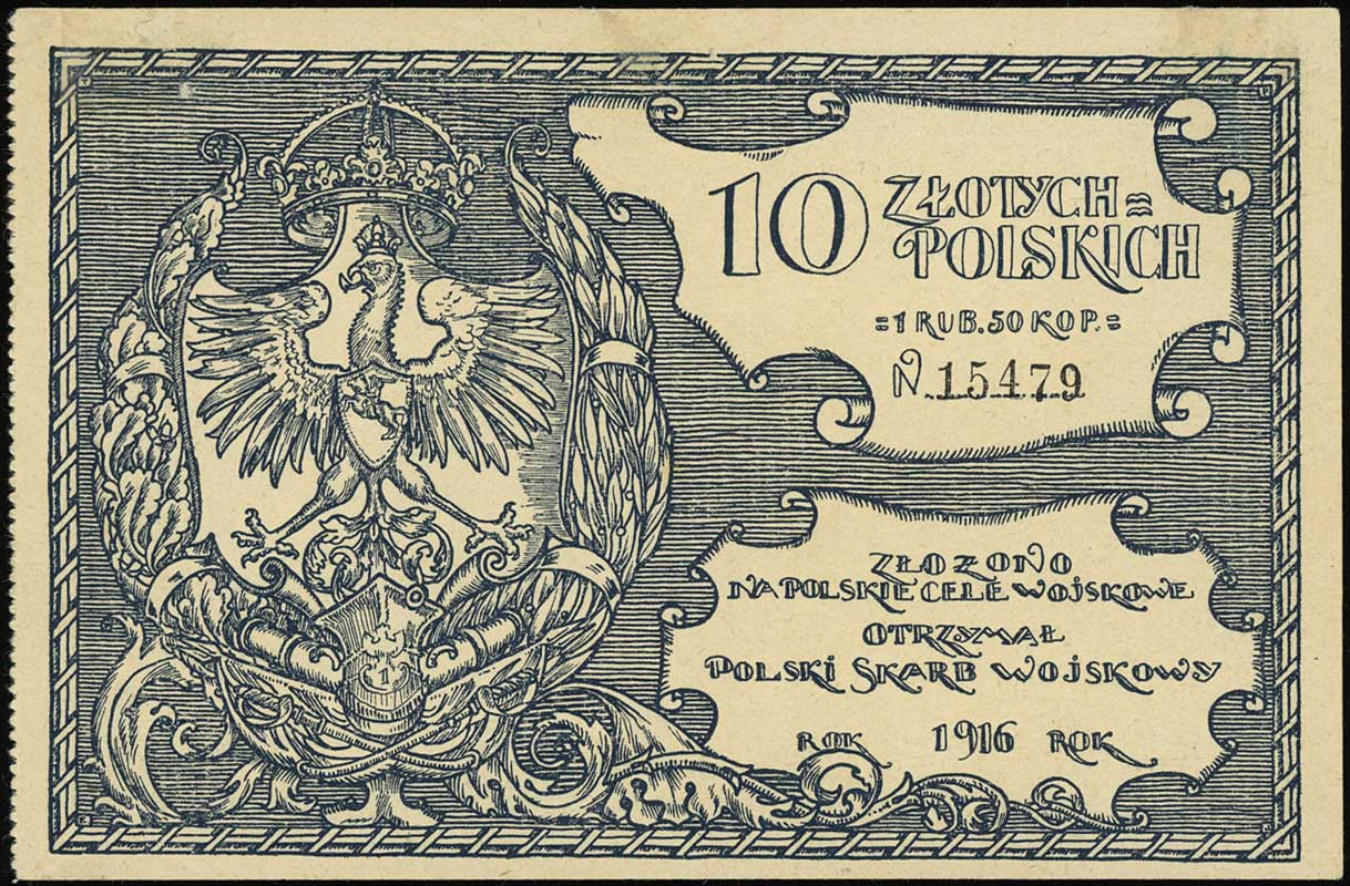 Polski Skarb Wojskowy, 10 złotych = 1 rubel 50 kopiejek 1916, na polskie cele wojskowe, numeracja 15479, Lucow 494 (R3), Jabł. 688