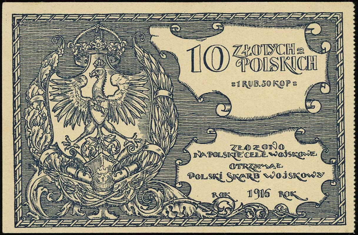 Polski Skarb Wojskowy, 10 złotych = 1 rubel 50 kopiejek 1916, na polskie cele wojskowe, numeracja 15479, Lucow 494 (R3), Jabł. 688