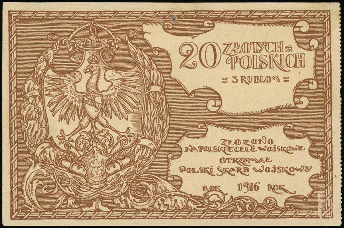 Polski Skarb Wojskowy, 20 złotych = 3 rublom 1916, na polskie cele wojskowe, numeracja 5534, Lucow 495 (R4), Jabł. 689