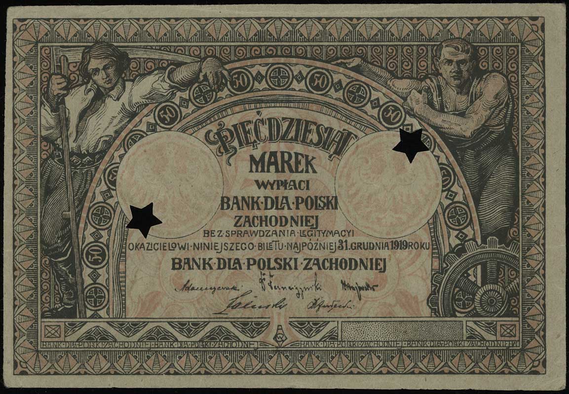 Bank dla Polski Zachodniej, 50 marek ważne do 31.12.1919, skasowane - dwie perforowane gwiazdki, Lucow 535 (R7), Jabł. 3299 (R8), bardzo rzadkie