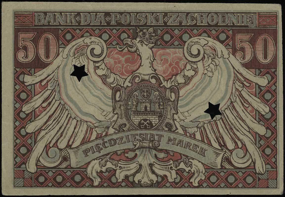 Bank dla Polski Zachodniej, 50 marek ważne do 31.12.1919, skasowane - dwie perforowane gwiazdki, Lucow 535 (R7), Jabł. 3299 (R8), bardzo rzadkie