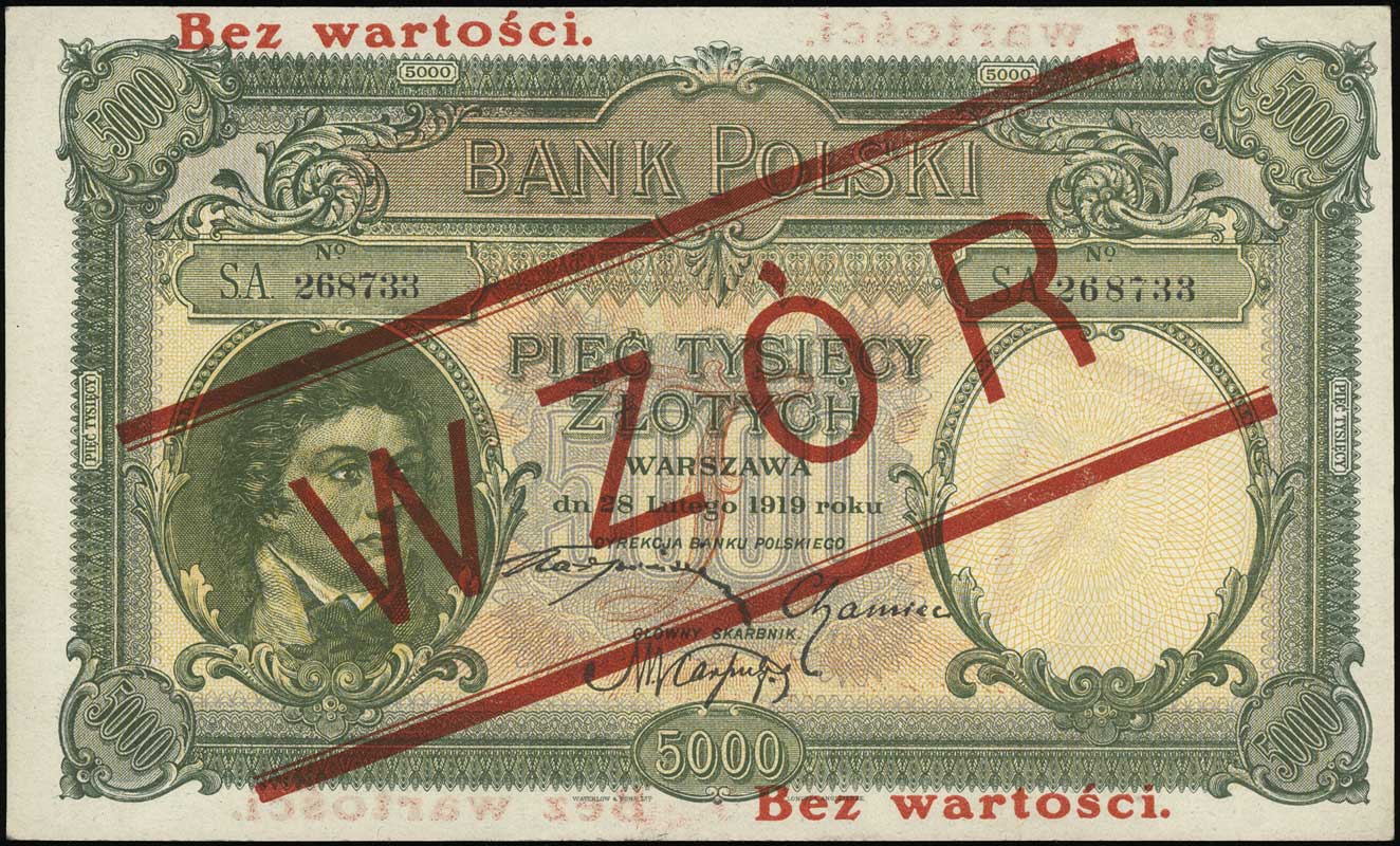 5.000 złotych 28.02.1919, po obu stronach ukośny