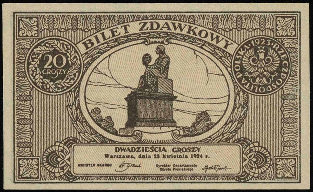 20 groszy 28.04.1924, bez oznaczenia serii i numeracji, Lucow 702 (R2), Miłczak 45