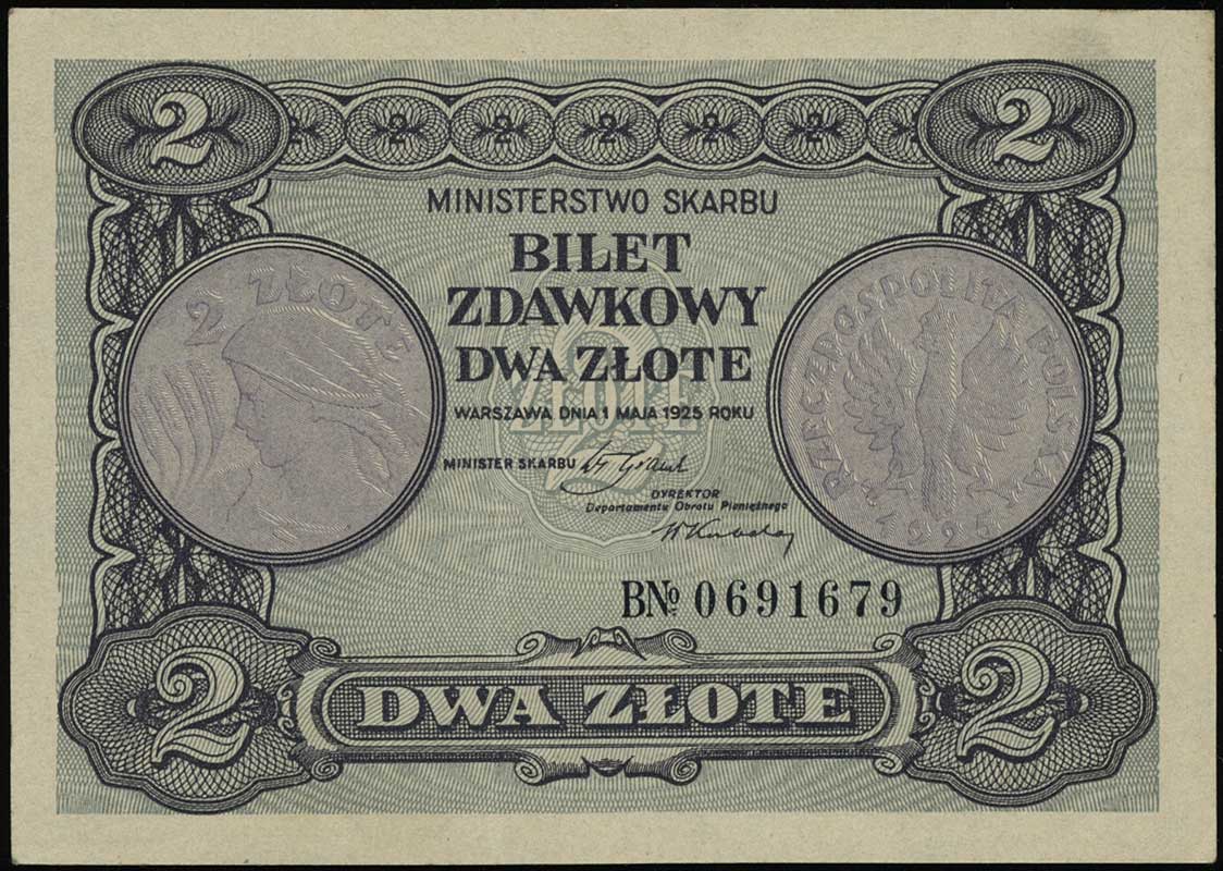2 złote 1.05.1925, seria B, numeracja 0691679, Lucow 705 (R3), Miłczak 60, złamany w pionie, rzadkie
